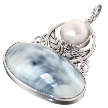 2 1/8" 925 Silver White Mabe Pearl Nautilus Shell Pendant