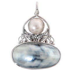 2 1/8" 925 Silver White Mabe Pearl Nautilus Shell Pendant