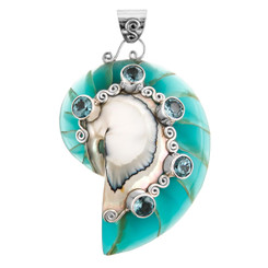 3 1/8" 925 Silver Blue Topaz Nautilus Shell Pendant