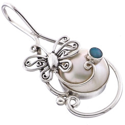 1 3/4" 925 Silver Opal White Mabe Pearl Butterfly Pendant
