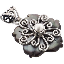 925 Silver Mother Of Pearl Biwa Pearl Flower Shell Pendant