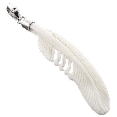 2 13/16" 925 Silver Bison Bone Carving Feather us Pendant