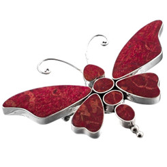 925 Silver Genuine Red Coral Butterfly us Pendant Brooch