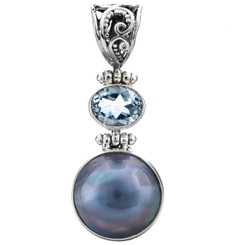 1 3/4" 925 Sterling Silver Blue Topaz Mabe Pearl us Pendant