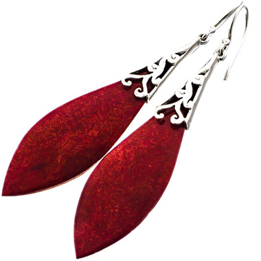 2 3/8" 925 Silver Genuine Red Coral French Drop Earrings