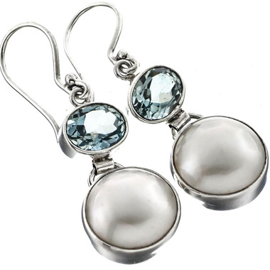 925 Silver Genuine Blue Topaz White Mabe Pearl Earrings