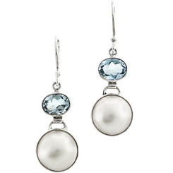 925 Silver Genuine Blue Topaz White Mabe Pearl Earrings