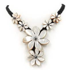 Mother Of Pearl Rope Flower Shell us 18" Black Necklace