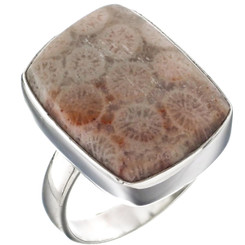 13/16" 925 Sterling Silver Fossil Coral Rectangle us 9 Ring