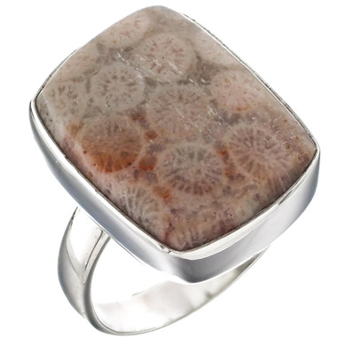 13/16" 925 Sterling Silver Fossil Coral Rectangle us 9 Ring