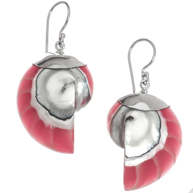 1 3/16" 925 Silver Nautilus Shell Pink French Wires Earrings
