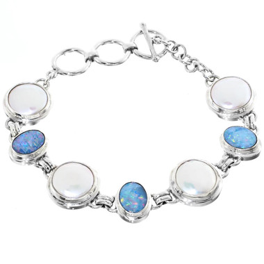 925 Silver Button Freshwater Pearl Australian Opal Bracelet