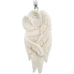 2 15/16" 925 Silver Bison Bone Carving Feather Owl Pendant