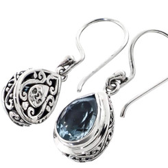 1" 925 Silver Blue Topaz Teardrop French Hook Earrings