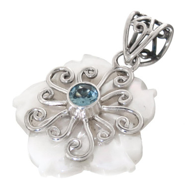 1 7/16" 925 Silver Blue Topaz Flower Shell us Pendant
