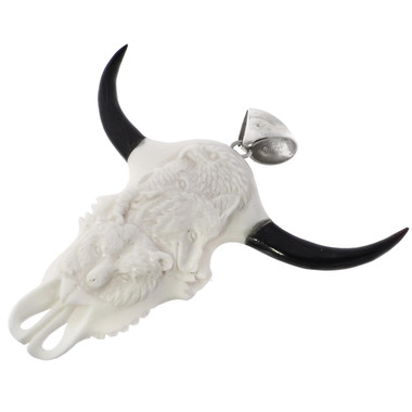 3 15/16" 925 Sterling Silver Bison Bone Skull us Pendant
