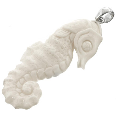 2 13/16" 925 Silver Cow Bone Carving Seahorse us Pendant