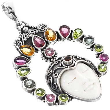 925 Silver Tourmaline Peridot Bison Bone Goddess Pendant