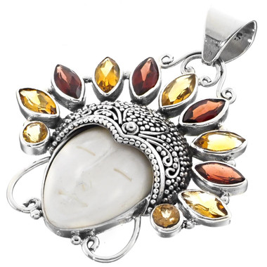 Tourmaline Peridot Multi Gem Goddess Buffalo Bone 925 Sterling Silver Pendant, 2 1/2"