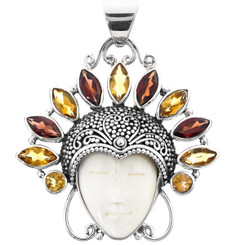 Tourmaline Peridot Multi Gem Goddess Buffalo Bone 925 Sterling Silver Pendant, 2 1/2"