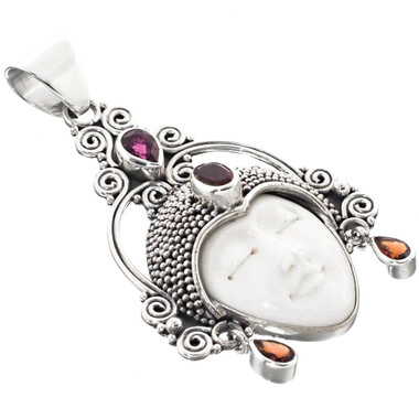 2" 925 Silver Tourmaline Bison Bone Garnet Goddess Pendant