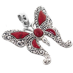 1 1/4" 925 Sterling Silver Red Coral Butterfly us Pendant