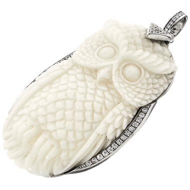 2 1/2" 925 Silver Bison Bone Cz Carved Owl us Pendant
