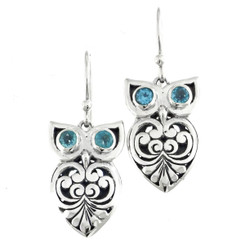 3/4" 925 Silver Blue Topaz Owl French Wires Earrings