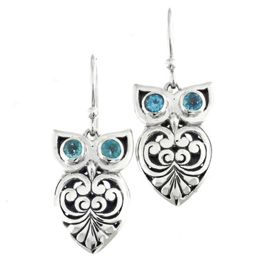 3/4" 925 Silver Blue Topaz Owl French Wires Earrings