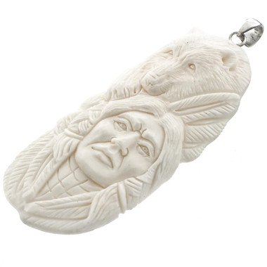 Indian Chief Grizzly Bear Buffalo Bone Carving 925 Sterling Silver Pendant, 3 3/8"