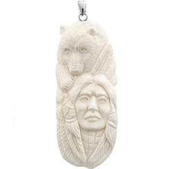 Indian Chief Grizzly Bear Buffalo Bone Carving 925 Sterling Silver Pendant, 3 3/8"