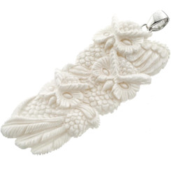 Owl Trio Buffalo Bone Hand Carving 925 Sterling Silver Pendant, 3"