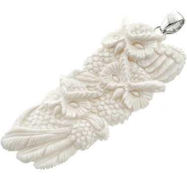 Owl Trio Buffalo Bone Hand Carving 925 Sterling Silver Pendant, 3"
