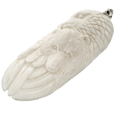 Totem Eagle Bear Buffalo Bone Hand Carving 925 Sterling Silver Pendant, 3 1/4"