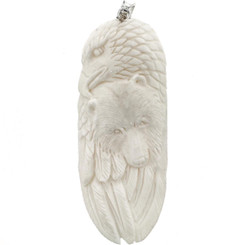 Totem Eagle Bear Buffalo Bone Hand Carving 925 Sterling Silver Pendant, 3 1/4"