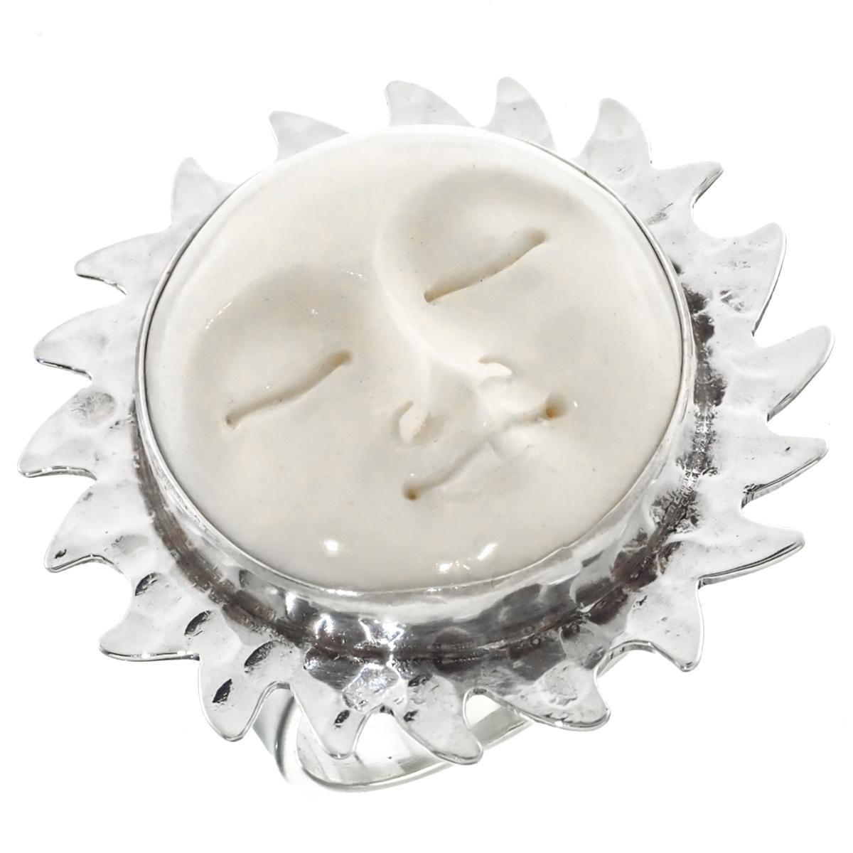 Hand Carving Sun Goddess Bison Bone 925 Sterling Silver Ring S8238