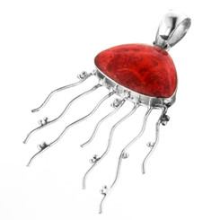 2 1/8" 925 Sterling Silver Red Coral Jellyfish us Pendant