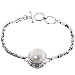 925 Silver Mabe Pearl Byzantine 7 1/2" White Chain Bracelet