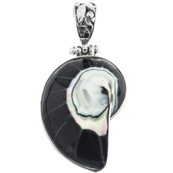 925 Sterling Silver Genuine Nautilus Shell Black Pendant, 1 3/4" 