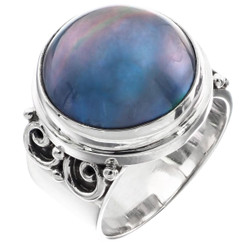 3/4" Wide South Pacific Blue Mabe Cultured Pearl 925 Sterling Silver Ring