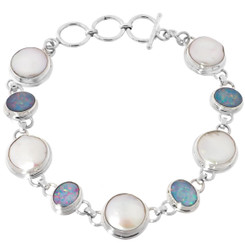 925 Silver Button Freshwater Pearl Australian Opal Bracelet