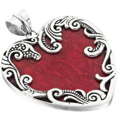 2 1/16" 925 Silver Genuine Red Sponge Coral Heart Pendant