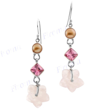 1 9/16" 925 Silver Rose Quartz Pink Quartz Pearl French Wires Earrings