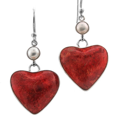 925 Silver Biwa Freshwater Pearl Red Coral Heart Earrings