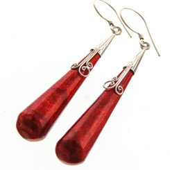 1 7/8" 925 Sterling Silver Red Coral French Wires Earrings