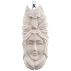 Native Indian Totem Wolf Buffalo Bone 925 Sterling Silver Pendant, 3"