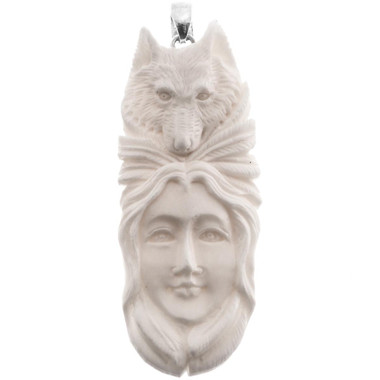 Native Indian Totem Wolf Buffalo Bone 925 Sterling Silver Pendant, 3"
