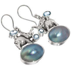 Elephant Blue Mabe Cultured Pearl Blue Topaz 925 Sterling Silver Earrings, 1 1/8"