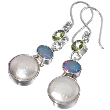 1 5/16" 925 Silver Opal Peridot Biwa French Earrings