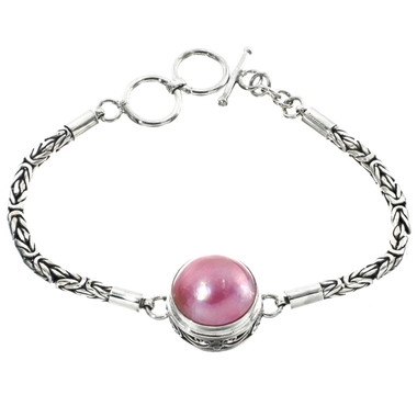 925 Silver Mabe Pearl Byzantine 7 1/2" Pink Chain Bracelet